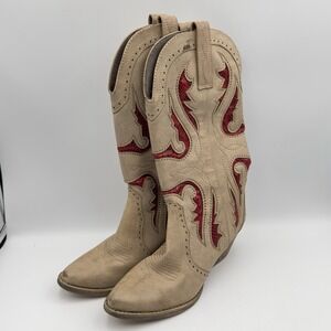 Very Volatile Tan Cowboy Boots Women's Size 6.5 With Red Contrast‎ Accents
